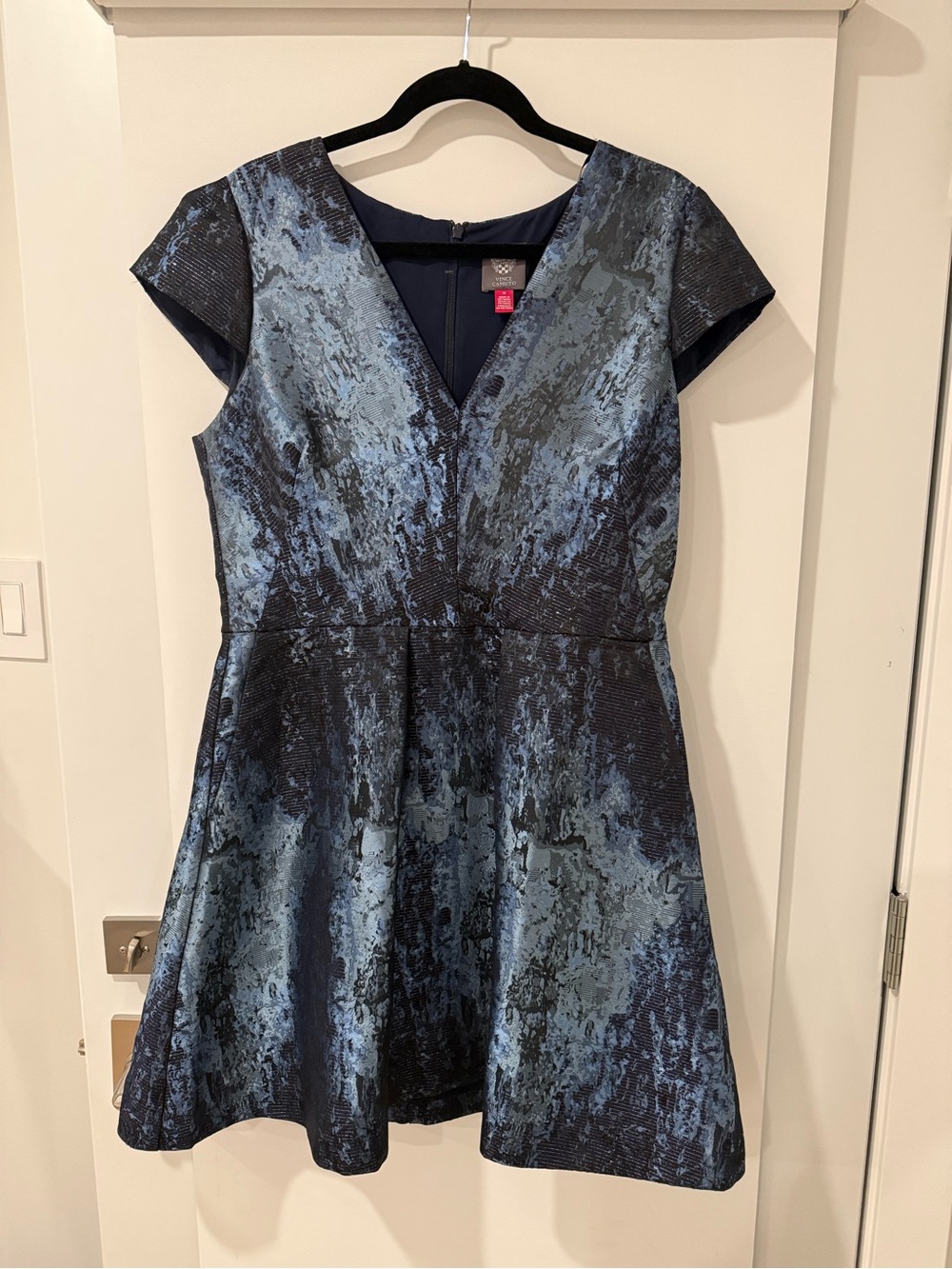 Vince Camuto Navy & Light Blue Patterned V-Neck Fit-and-Flare Mini Dress